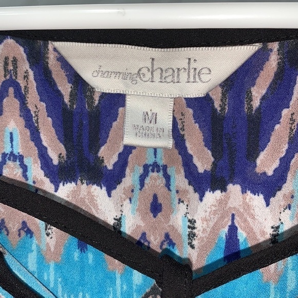 Charming Charlie Print Blue Teal and Gray Convertible Sleeve Blouse Size M - Picture 5 of 6